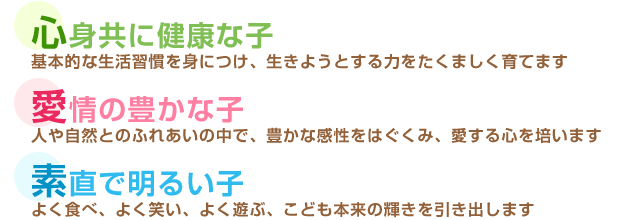 心身共に健康な子
　　　　　基本的な生活習慣を身につけ、生きようとする力をたくましく育てます
愛情の豊かな子
　　　　　人や自然とのふれあいの中で、豊かな感性をはぐくみ、愛する心を培います
素直で明るい子
　　　　　よく食べ、よく笑い、よく遊ぶ、こども本来の輝きを引き出します
